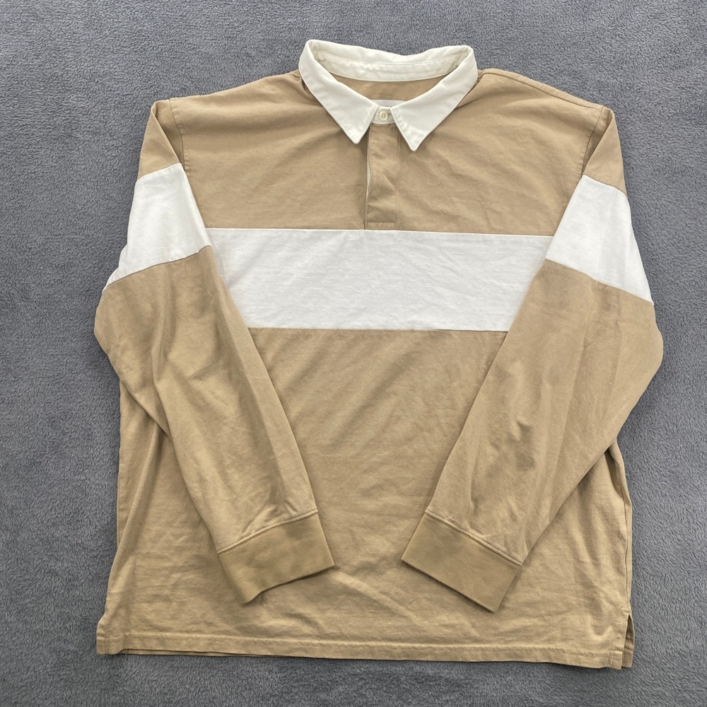 Goodfellow & Co Rugby Polo Shirt Mens XL Tan White Colorblock Long Sleeve Polo